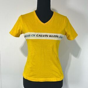 Calvin Klein Jeans Semi-Crop Yellow V-Neck Top Size M Women’s Yellow Logo